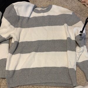 Hollister Gray and White Striped Crewneck Sweater